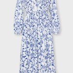 فستان بطول متوسط وياقة V أزرق/أبيض